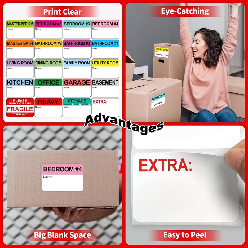 Misofuki 3”x2” Moving Labels for Boxes Color Coded 4 Bedroom, 600 Pcs Moving Stickers 4 Bathroom, Packing Labels for Moving Boxes, Strong Adhesive Fragile Moving Stickers + Heavy and Blank Labels - Image 5